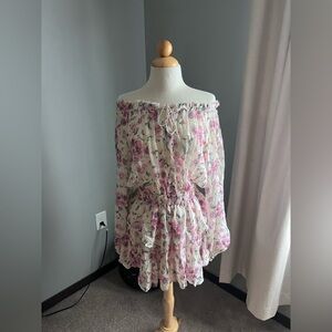 LoveShackFancy Floral Off-Shoulder Dress - Pink and White